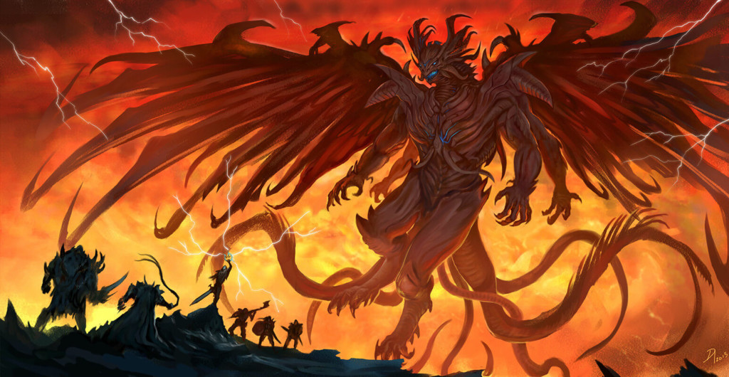 Bahamut towers over a band of adventurers. He is an angry humanoid reptile with four arms, a tail, and wings. Lightning crackles in the fiery red sky.