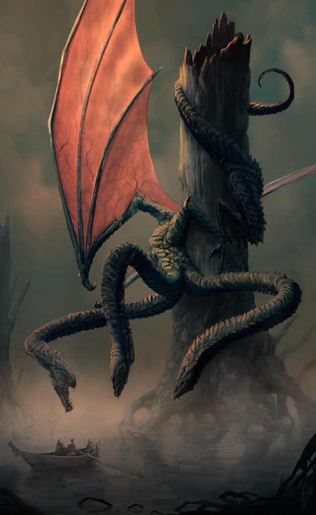 A Slavic zmey dragon wraps its winged body around a tree trunk. All three of its heads peer down at two travelers drifting in a boat through the mist.