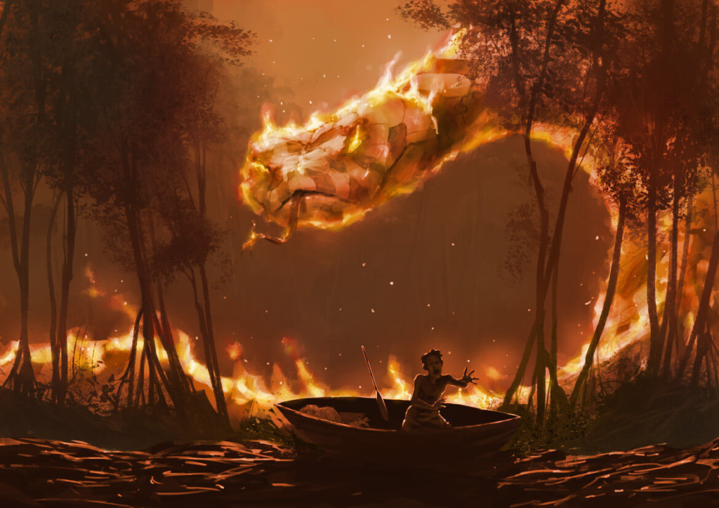 The Boitatá, a huge snake with glowing eyes and fire rippling across its body, rises up beside a forest river. A person in a boat screams in terror.