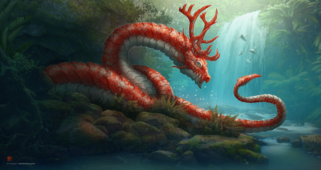 Pakhangba, a serene, noble-looking dragon with orange-red scales and antlers, coils beside a forest stream. Behind him flows a peaceful waterfall.
