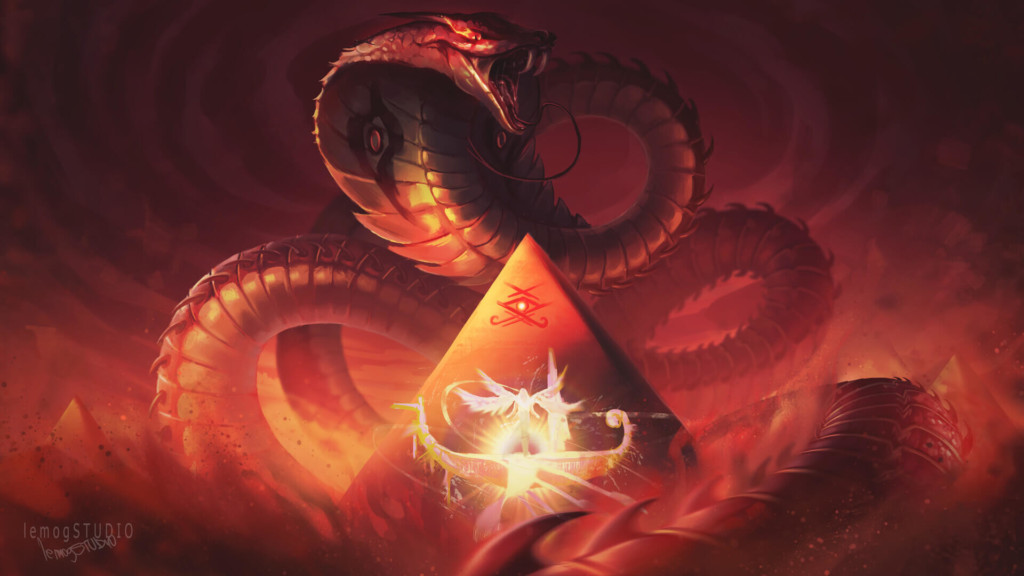 Apophis, a giant cobra with bared fangs, coils around a pyramid. Beneath him floats Ra, a smaller god of feathers and bright light poised for battle.