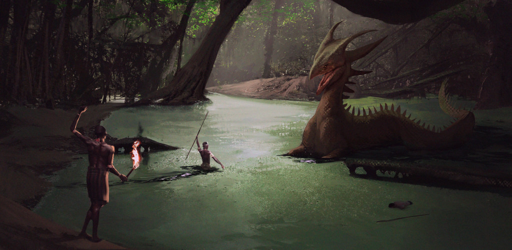 The Ninki Nanka, a dragon-like beast with spikes along his back and tail, crouches in a swamp. Two men approach; one holds a torch, the other a spear.