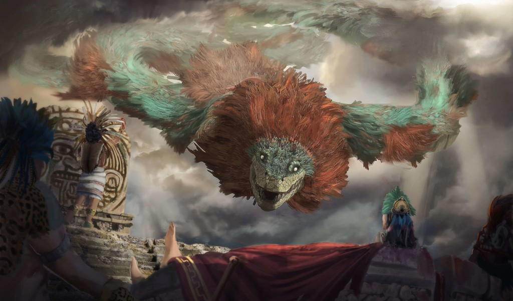Quetzalcoatl, a huge serpent covered in feathers, flies through the sky. Priests in feather headdresses gaze up at him from a Mesoamerican temple.