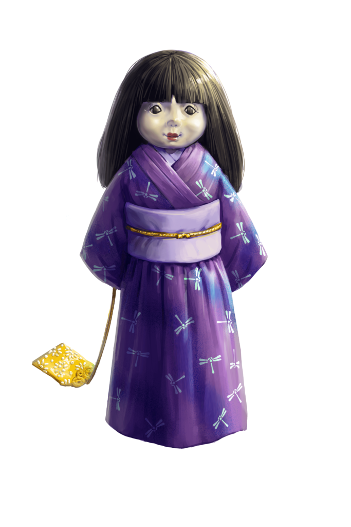 A hin'nagami, or doll spirit, is a yokai spirit from Japanese folklore. It has a pale face and piercing eyes.