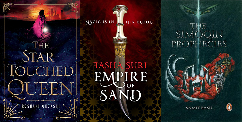 Covers for three non-European fantasy books: The Star-Touched Queen, Empire of Sand, and the Simoqin Prophecies