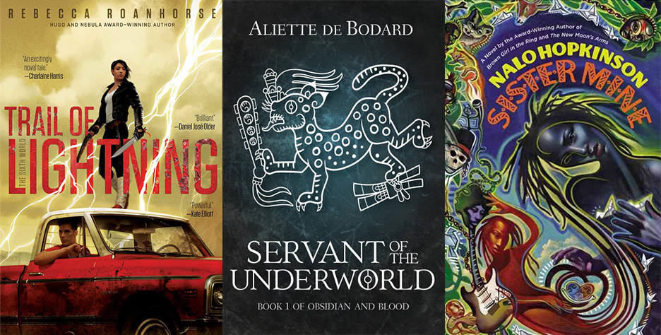 Covers for three books: Trail of Lightning, Servant of the Underworld, and Sister Mine