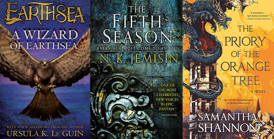 Covers for three non-European fantasy books: A Wizard of Earthsea, The Fifth Season, The Priory of the Orange Tree